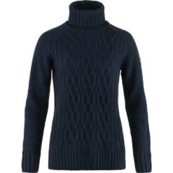 FJÄLLRÄVEN Övik Cable Knit Roller Neck Damen Strick Rollkragen Pullover 555 - Dark Navy M Övik Cable Knit Roller Neck Damen Strick Rollkragen Pullover